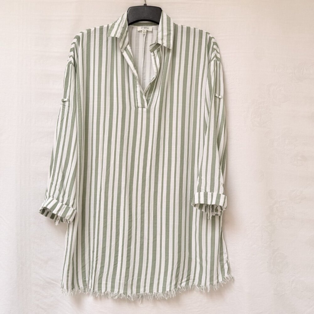 Umgee USA Shirt Womens Medium Green White Striped V-Neck 3/4 Sleeve Tunic Boho
